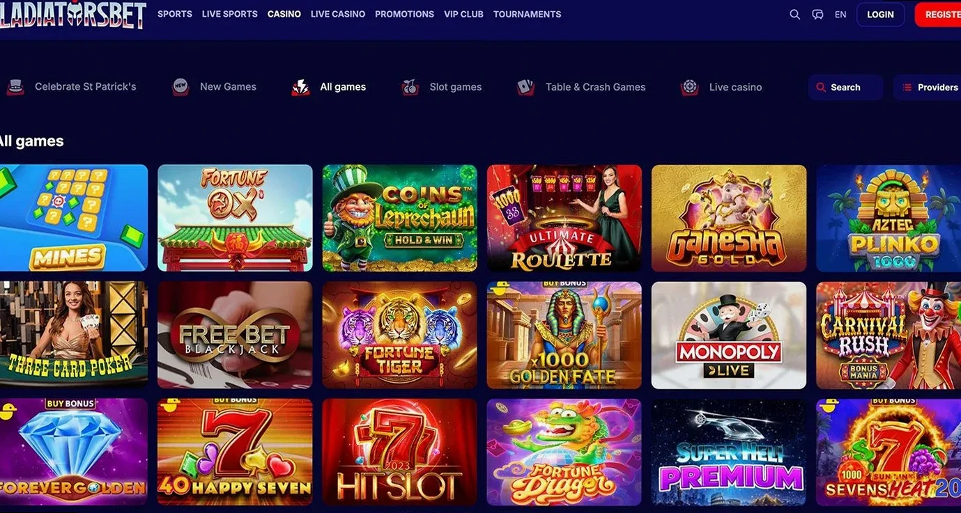 GladiatorsBet Casino lobby med spillemaskiner