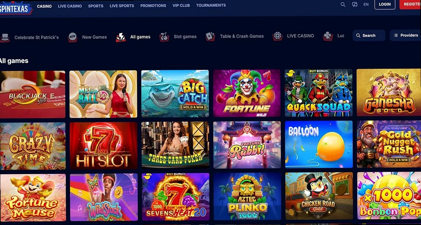 SpinTexas Casino forside med registrering