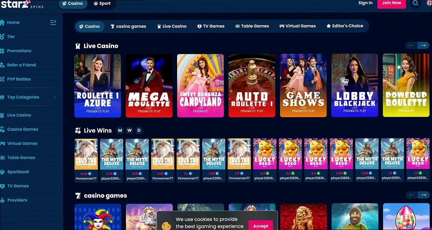 Starz Spins Casino med live casino og VIP